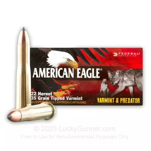 22 Hornet – 35 Grain Tipped Varmint – Federal American Eagle Varmint & Predator– 50 Rounds