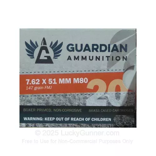 7.62x51mm – 147 Grain FMJ M80 – Guardian Ammunition – 640 Rounds