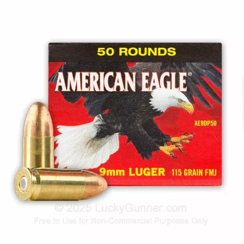 9mm – 115 Grain FMJ – Federal American Eagle (trayless) – 50 Rounds