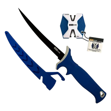 Accusharp 736C Fillet Knife 6.5 Inch Satin Titanium Coated Stainless Steel Blade Royal Blue Handle with Sharpener