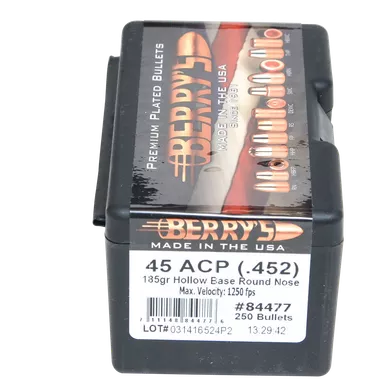 Berry's Preferred Plated Pistol Bullets .45 Caliber (.452 Diameter) 185 Grain HBRN Box of 250