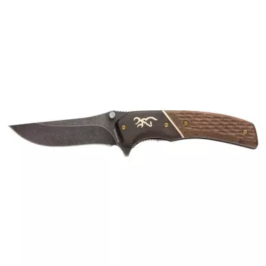 Browning Large Hunter Pocket Knife 3.5" Drop Point 440C Stonewashed Black Oxide Blade Wood Handle
