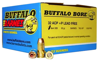 Buffalo Bore 32 ACP +P Ammo 60 Grain Barnes TAC-XP Solid Hollow Point Lead Free Box of 20