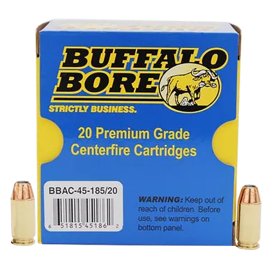 Buffalo Bore 45 ACP +P Ammo 185 Grain Jacketed Hollow Point Box of 20