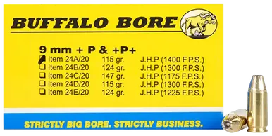 Buffalo Bore 9mm Luger +P+ Ammo 115 Grain Jacketed Hollow Point Box of 20