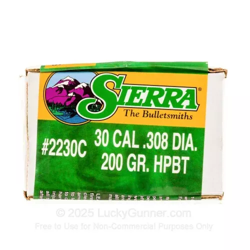 Bullets – 30 Caliber (.308″) – 200 Grain HPBT – Sierra MatchKing – 500