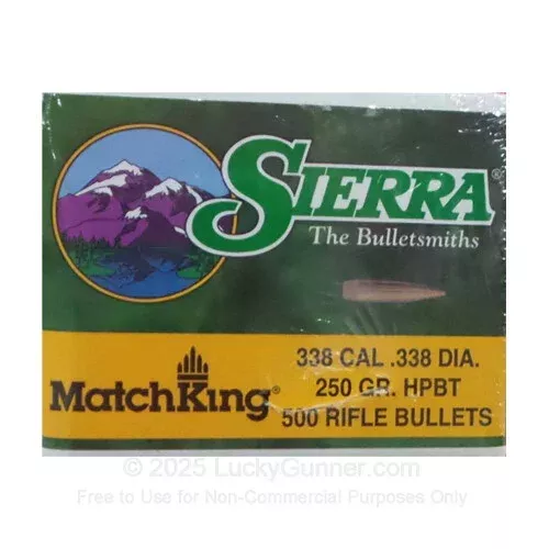 Bullets – 338 Lapua (.338) – 250 Grain HPBT – Sierra MatchKing – 500