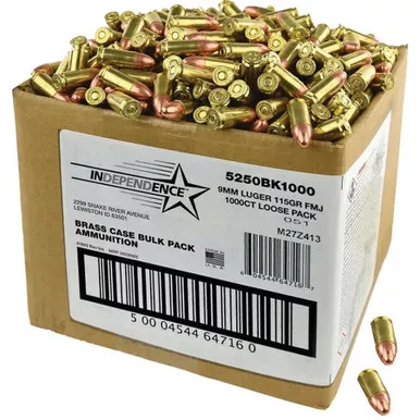 CCI Independence Brass Handgun Ammunition 9mm Luger +P 115 Grain FMJ 1000 Rounds