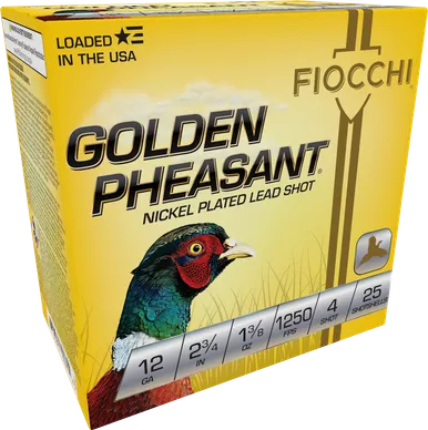Fiocchi Golden Pheasant 12 Gauge Ammo 2-3/4" #4 Nickel Plated Lead Shot 1 3/8 oz Box of 25