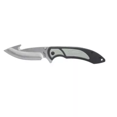 Old Timer Trail Boss Pocket Knife 3.5" Drop Point with Gut Hook Stainless Steel Satin Blade TPE Handle Gray/Black