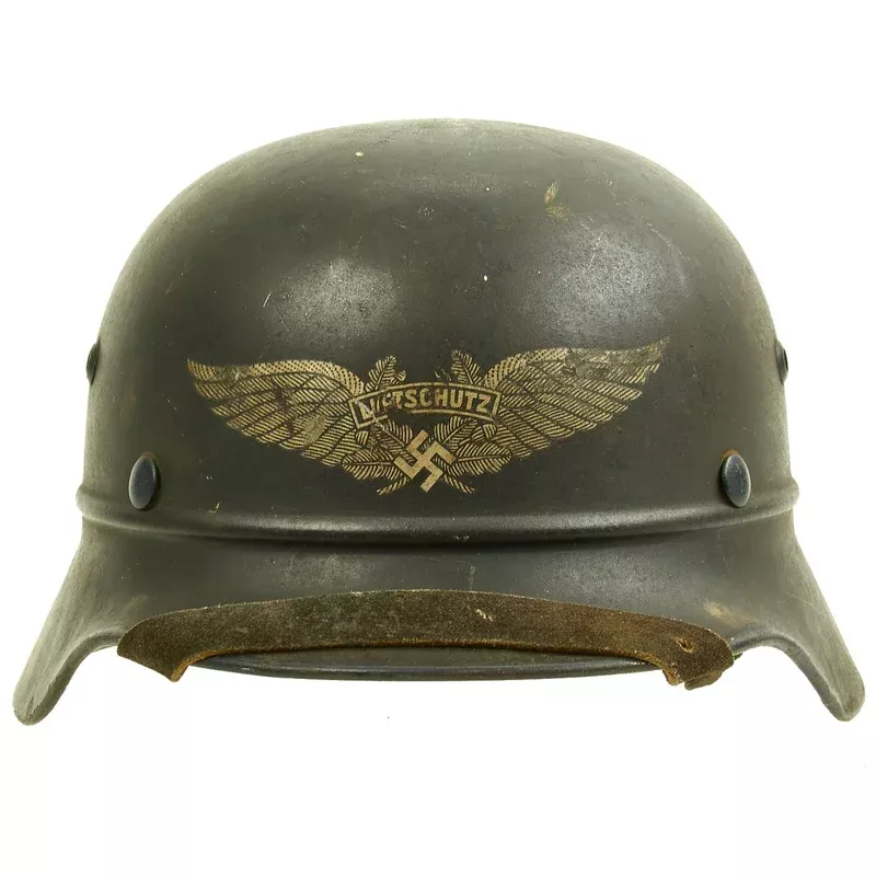 Original German WWII Battle Damaged Luftschutz Civil Air Defense Beaded M35 Helmet marked Q64