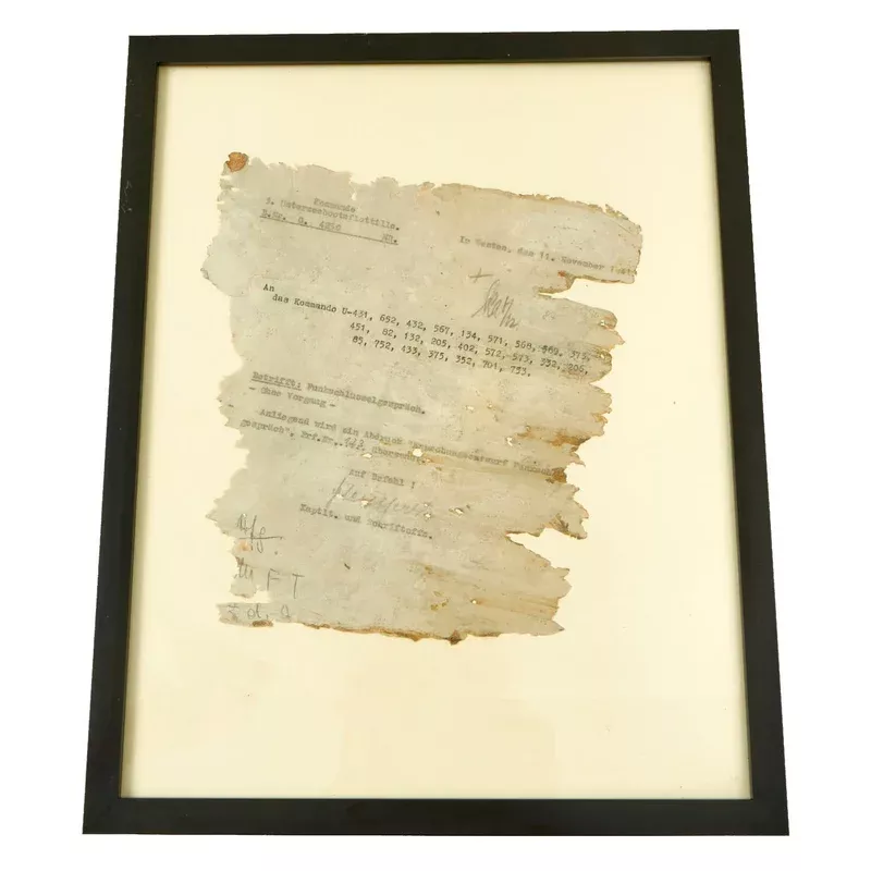 Original German WWII Framed November 1941 Kriegsmarine U-Boat Document Salvaged From The Captain’s Cabin of U-352 Which Sunk of the Coast of North Carolina, USA – With Diver’s Testament