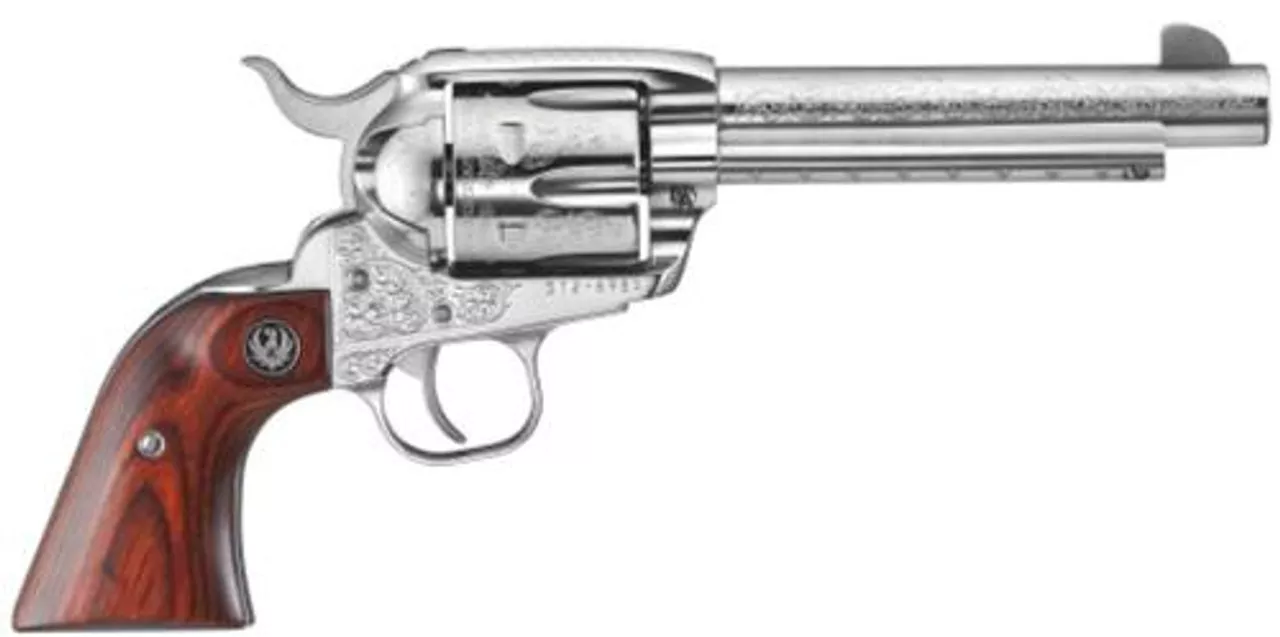 Ruger Vaquero Engraved Frame and Barrel, 45Colt 5”5″ Barrel, Diamond Wood Grips