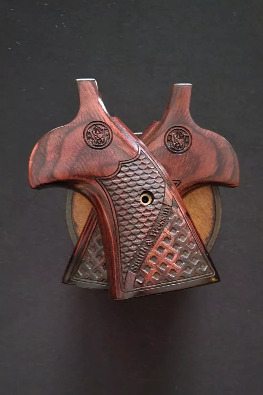Smith & Wesson K/L Frame Round Conversion Target Grips "Fish in a Basket" with Print Logo• All Colors • Deep Rosewood Shown