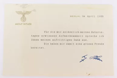 SOLD - 1935 Adolf Hitler Typed Birthday Card - With Hitler Signature