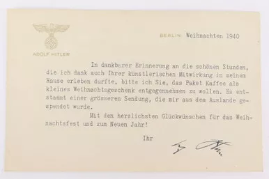 SOLD - 1940 Adolf Hitler Typed Christmas Card - With Hitler Signature
