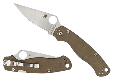 Spyderco Para Military 2 Pocket Knife 3.47" Drop Point CPM Cru-Wear Stonewashed Blade Brown Canvas Micarta Handle